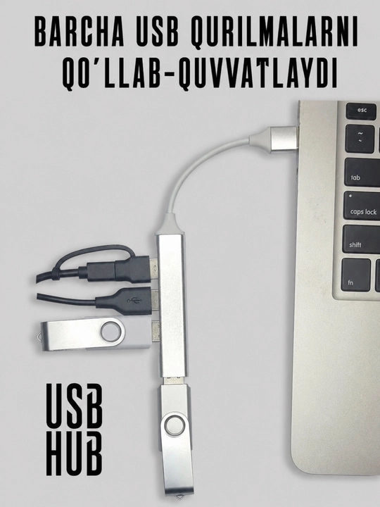 Type C HUB A+C — 8 portli universal adapter konsentrator, qulay o‘tkazgich