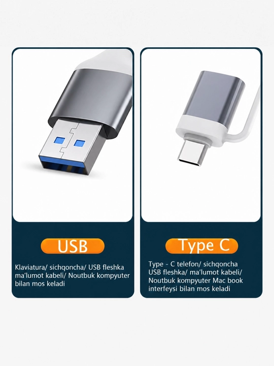 Type C HUB A+C — 8 portli universal adapter konsentrator, qulay o‘tkazgich