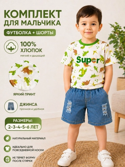 Летний комплект для мальчика ,футболка + джинсовые шорты, хб