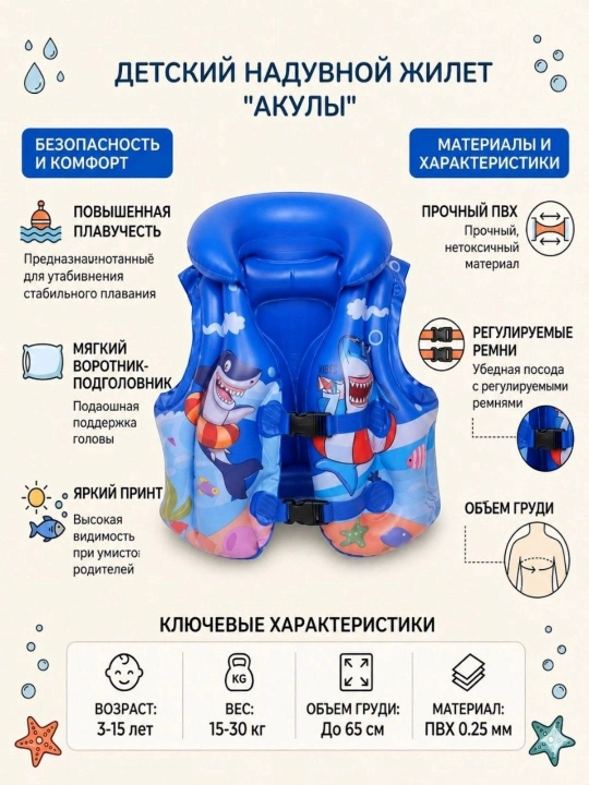 Надувной жилет детский для плавания с воротником, 3 размера S/M/L, безопасный