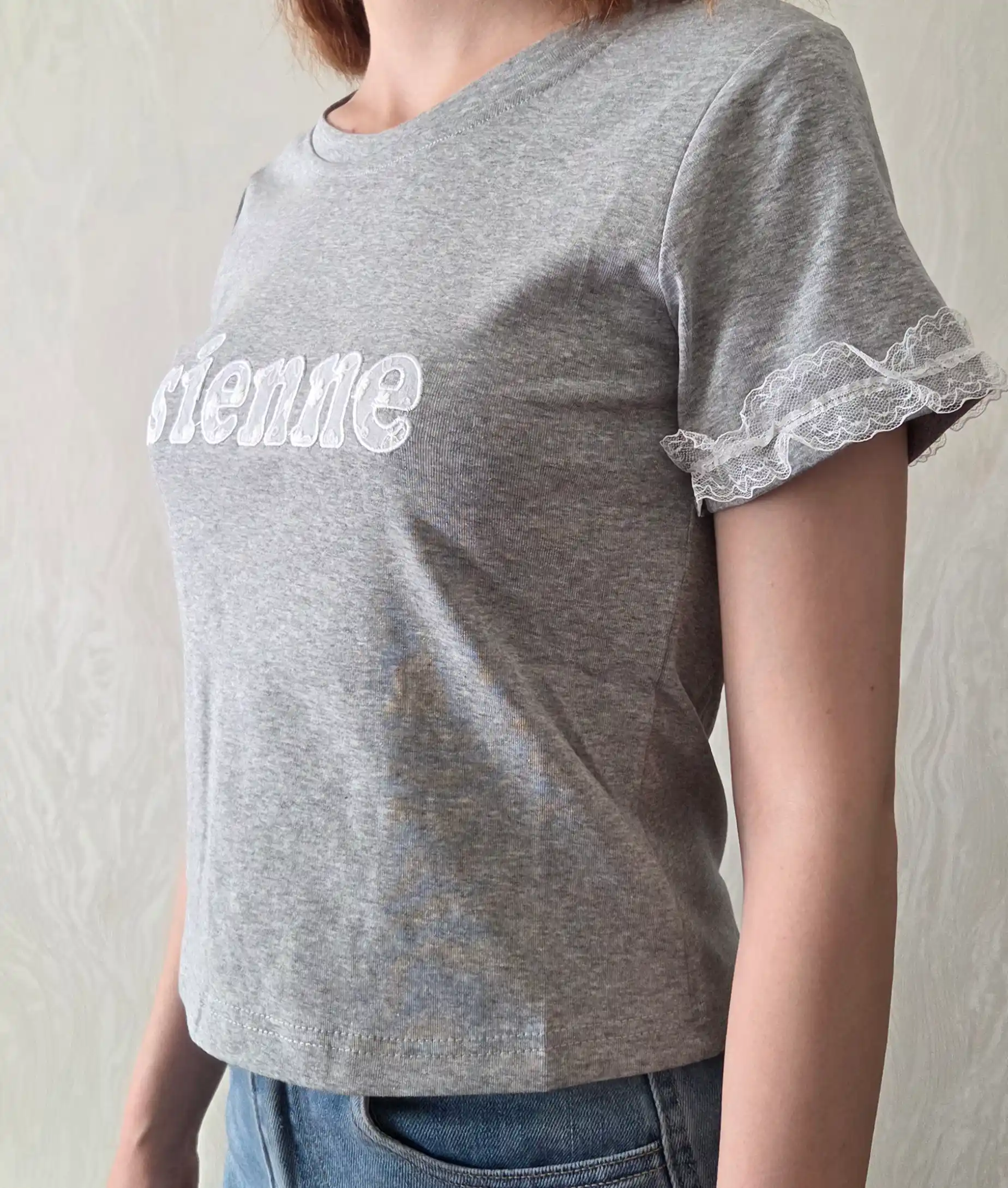 Kulrang futbolka, Lace futbolka, Print futbolka, Casual top, Korean top, estetik futbolka