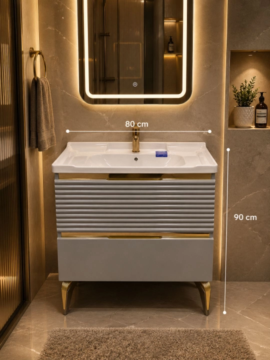 Zamonaviy MDF vanna shkafi 80 sm, keramik lavabo va oltin dekorli model - 