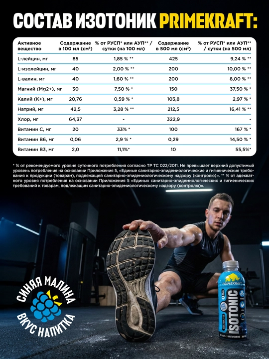 Изотоник Prime Kraft 500 мл, BCAA, электролиты, витамины - блок 6 штук