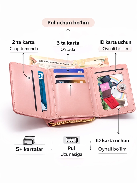 Ayollar uchun eko charm hamyon, 3 buklama, pul bo‘limi, 5+ karta