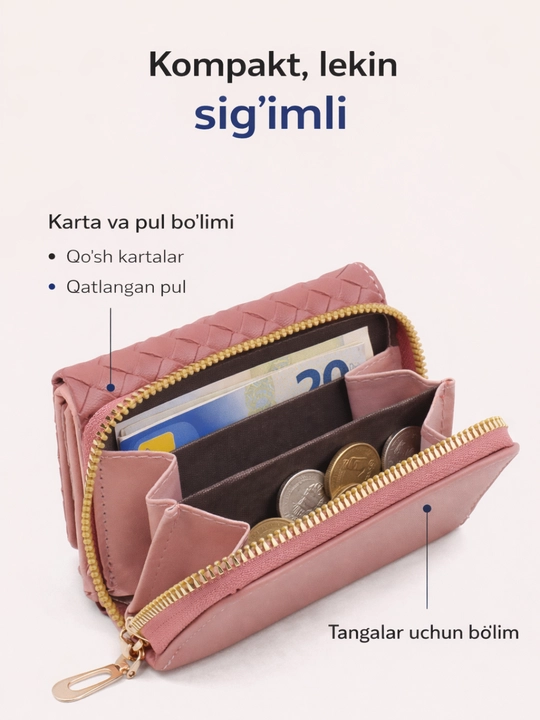 Ayollar uchun eko charm hamyon, 3 buklama, pul bo‘limi, 5+ karta