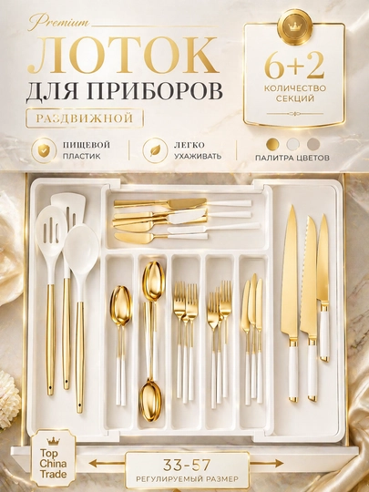 Органайзер для посуды, выдвижной пластиковый поднос-контейнер для кухни — DEFAST-LOTOKK-БЕЛЫЙ