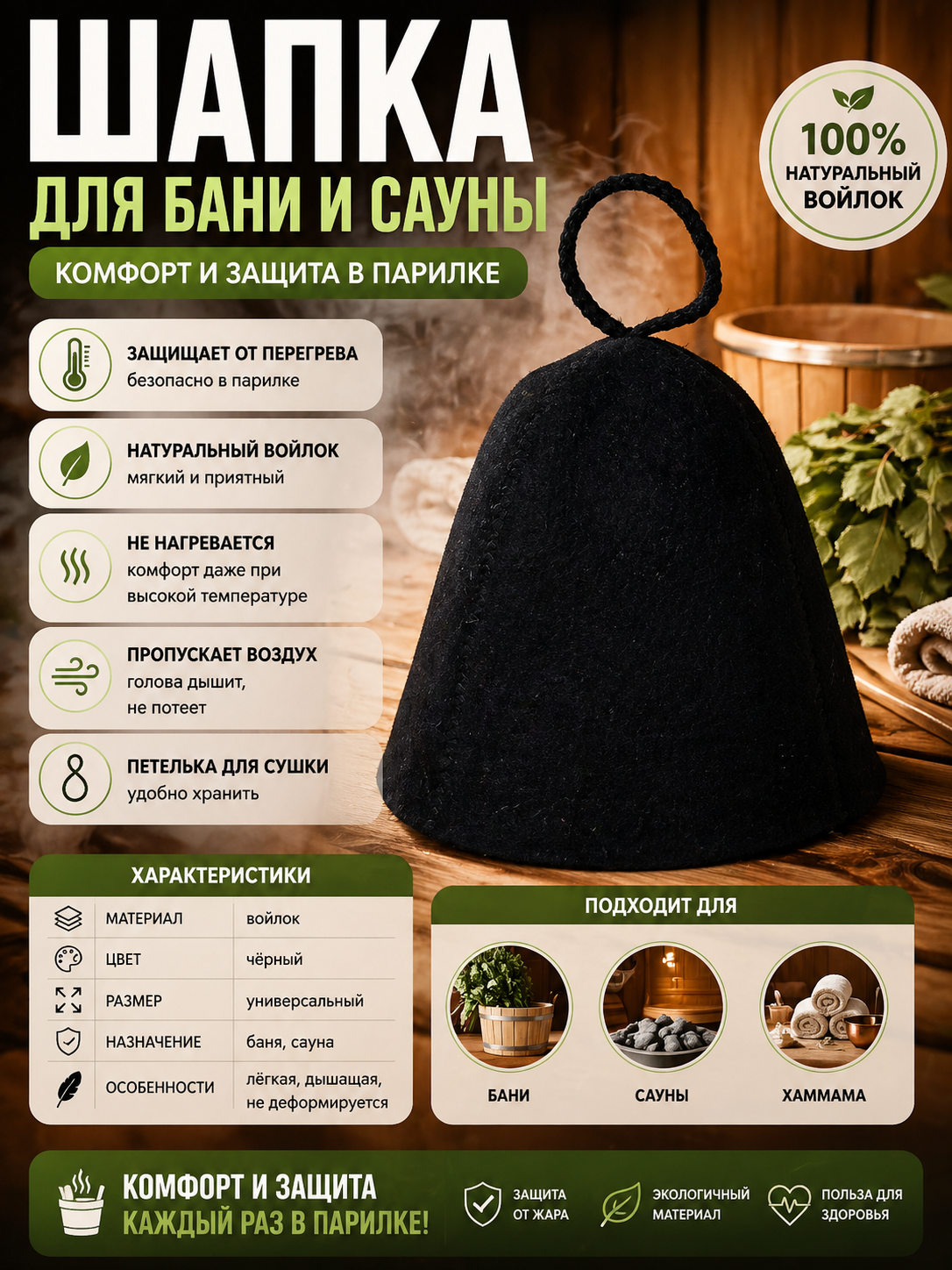 Шапка для бани, банная, для сауны, войлок, конус, защита головы в парной - 
