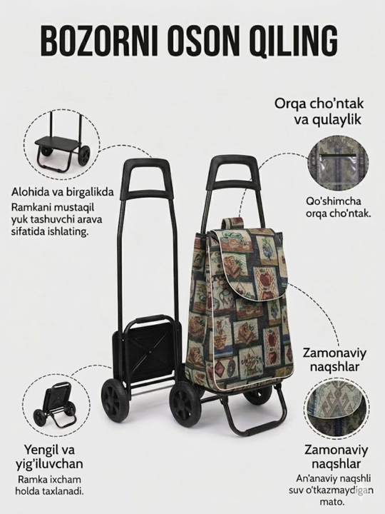 Arava sumka, shopper sumka, g'ildirakli sumka, bozor sumkasi, katta sumka, 30 kg yuk uchun