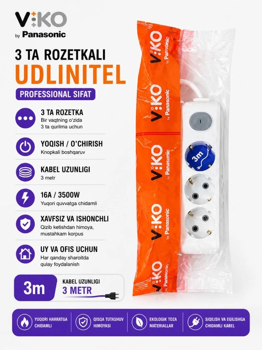 O‘chirgichli knopkali uzaytirgich udlinitel VIKO 3 rozetkali 3m 5m kabel xavfsiz