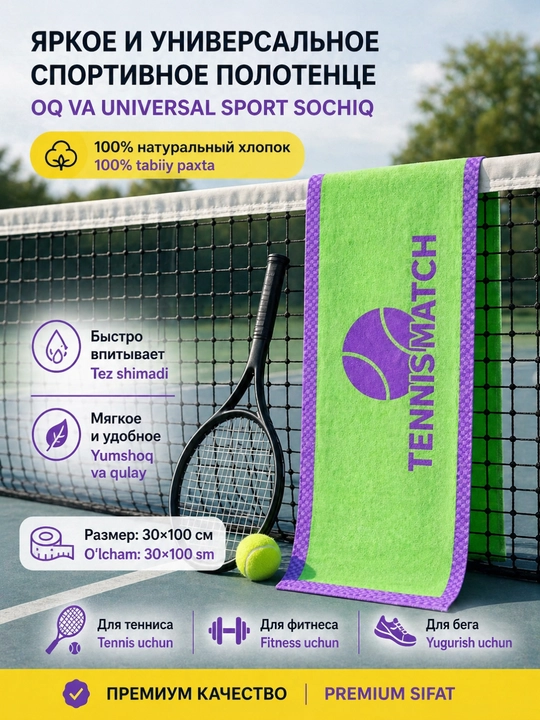Спортивное полотенце для тенниса, 100% хлопок, 30×100 см - 