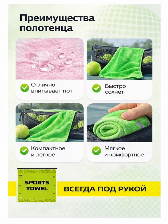 Спортивное полотенце для тенниса, 100% хлопок, 30×100 см