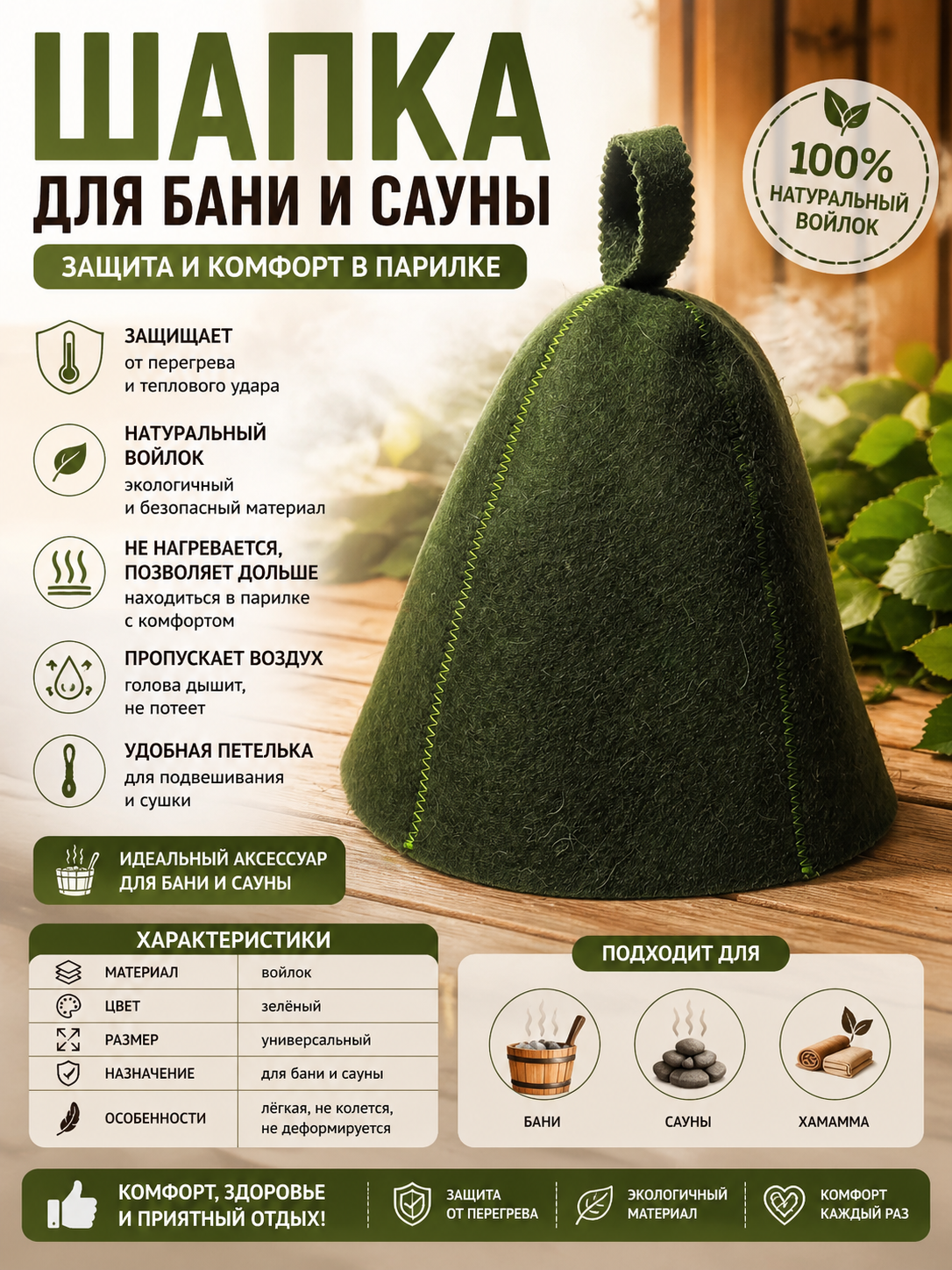 Шапка для бани, банная, для сауны, войлок, конус, защита головы в парной - 
