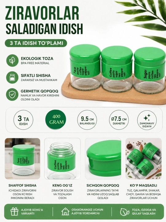 Ziravorlar va sochiluvchan mahsulotlar uchun shisha idishlar to‘plami - 