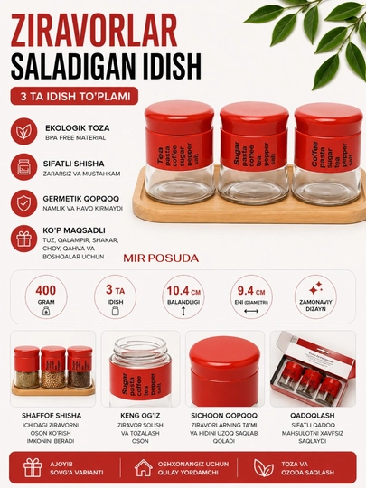 Ziravorlar va sochiluvchan mahsulotlar uchun shisha idishlar to‘plami - 