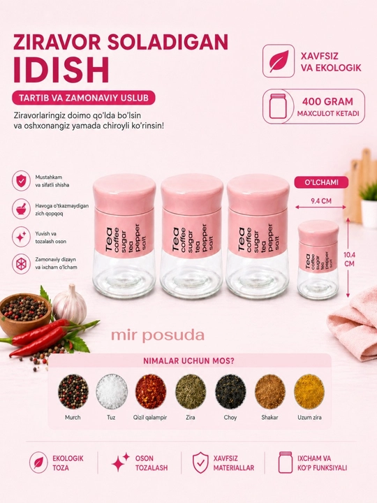 Ziravorlar va sochiluvchan mahsulotlar uchun shisha idishlar to‘plami - 