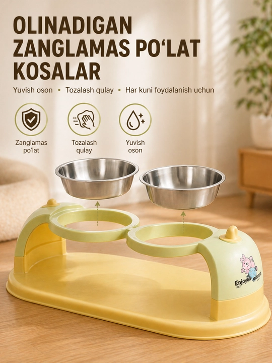 Mushuk va itlar uchun ikki kosali ovqat idishi, zanglamas po‘lat kosalar
