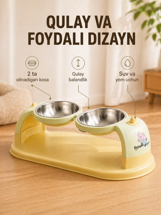 Mushuk va itlar uchun ikki kosali ovqat idishi, zanglamas po‘lat kosalar