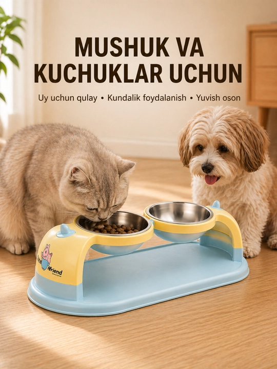Mushuk va itlar uchun ikki kosali ovqat idishi, zanglamas po‘lat kosalar