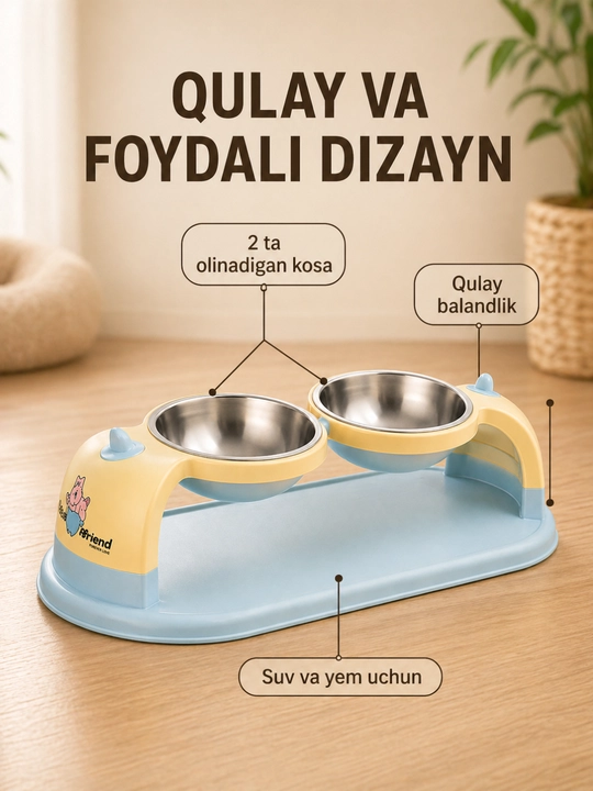 Mushuk va itlar uchun ikki kosali ovqat idishi, zanglamas po‘lat kosalar