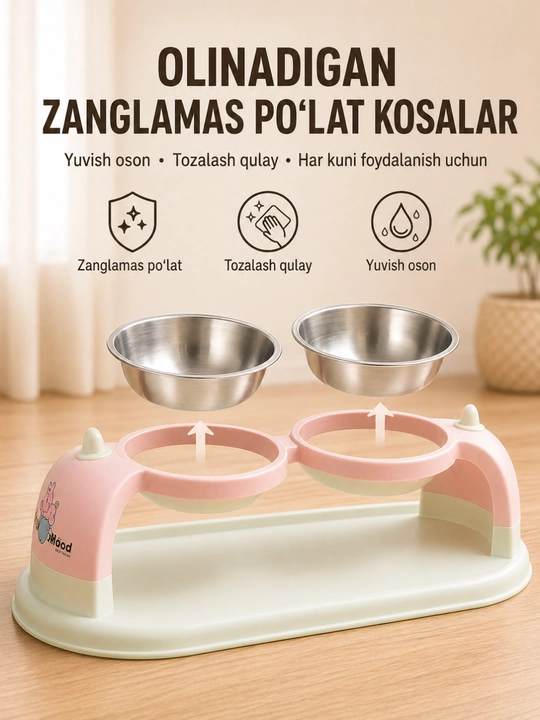 Mushuk va itlar uchun ikki kosali ovqat idishi, zanglamas po‘lat kosalar