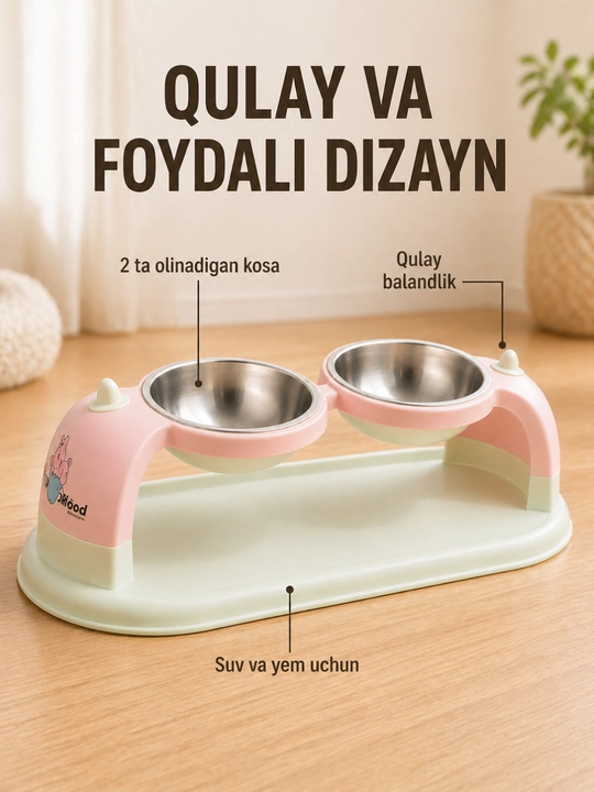 Mushuk va itlar uchun ikki kosali ovqat idishi, zanglamas po‘lat kosalar