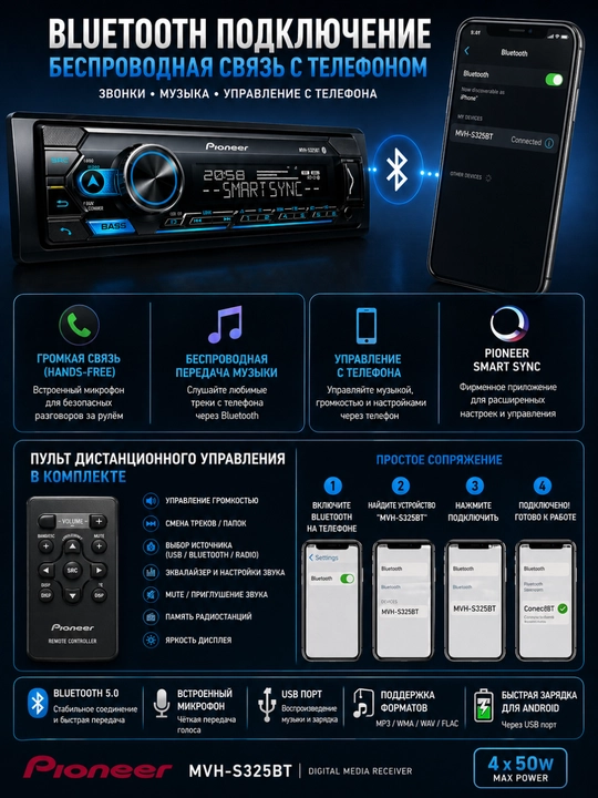 Магнитофон Pioneer MVH-S325BT Bluetooth автомагнитола, 1DIN, 4x50W