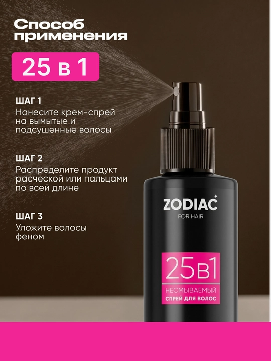 Спрей крем для роста и защиты волос ZODIAC, несмываемый, термозащита, 25 в 1, 100 мл