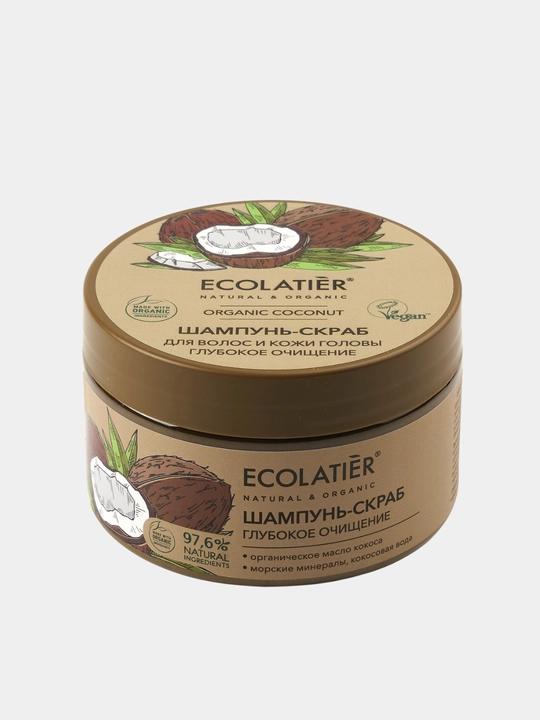 Шампунь скраб для волос, для очищения кожи головы и волос ECOLATIER, vegan, 300 мл