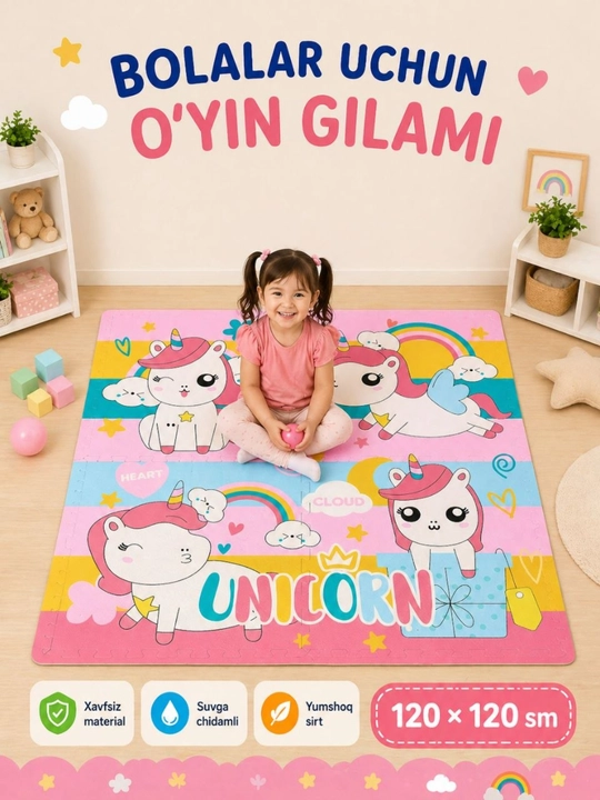 Bolalar uchun o‘yin gilami “Unicorn” 120×120 sm - 