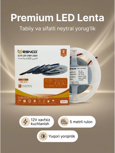 LED lenta 12V 4500K (5 metr) – 120/240 LED/m, 5 sm kesish, neytral oq yorug‘lik, IP20/IP65 - 