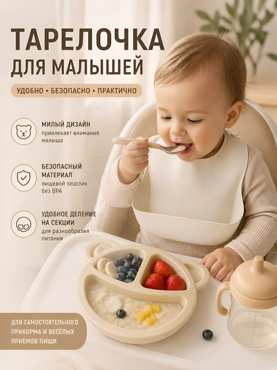 Детская тарелка из пластика BPA FREE, для прикорма, посуда для малышей, каши и пюре - 