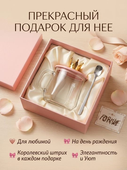 Стеклянная кружка "FORTUNE" с крышкой-короной и ложкой