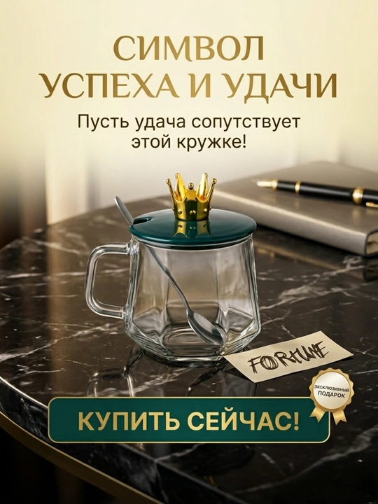 Стеклянная кружка "FORTUNE" с крышкой-короной и ложкой
