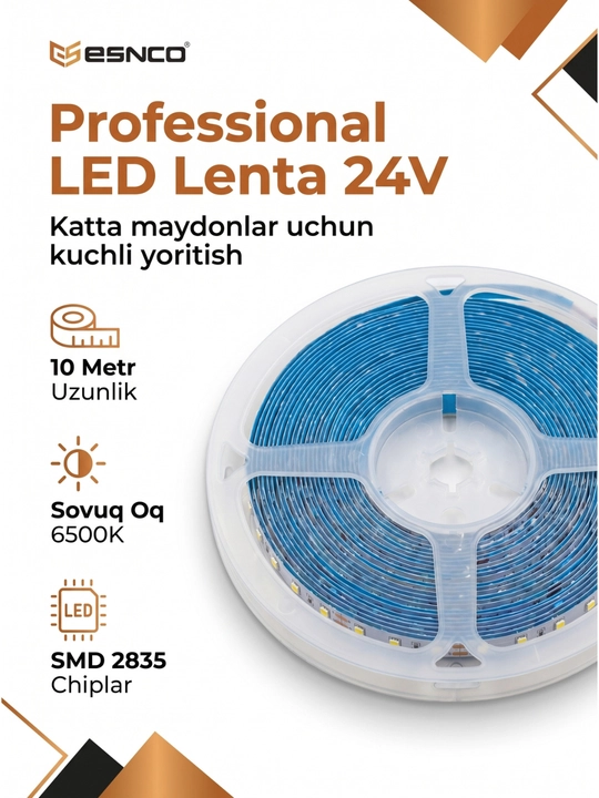LED лента 24V 6500K (10 метров) – 120/240 LED/м, SMD 2835, 10мм, резка 5см, холодный белый - 