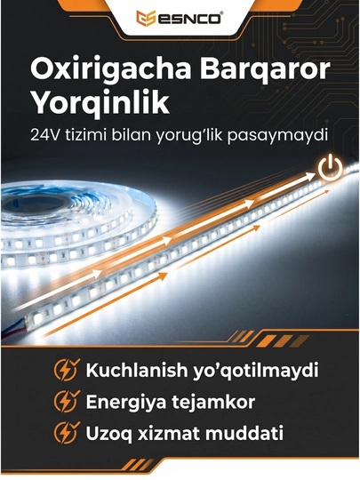 LED лента 24V 6500K (10 метров) – 120/240 LED/м, SMD 2835, 10мм, резка 5см, холодный белый