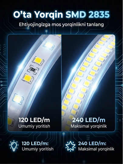 LED лента 24V 6500K (10 метров) – 120/240 LED/м, SMD 2835, 10мм, резка 5см, холодный белый