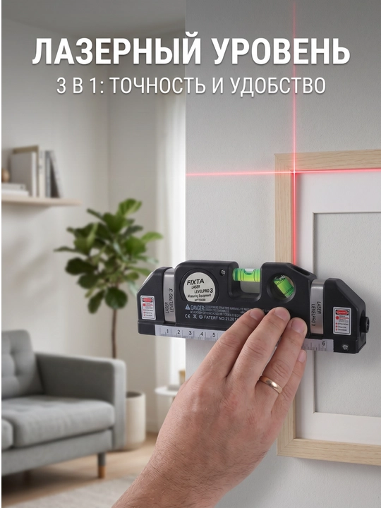 FIXTA, Ko'p funksiyali qurilish lazer darajasi, chizg'ich va 2,5 m lenta bilan