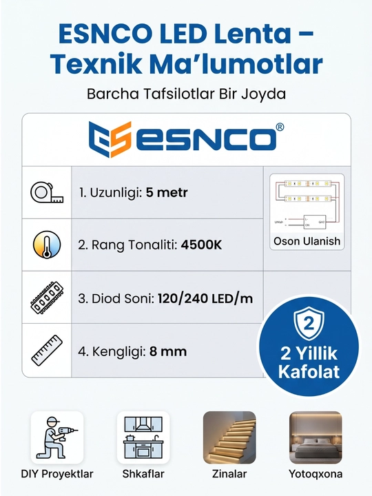 LED лента 12V 4500K (5 метров) – 120/240 LED/м, SMD 2835, 8 мм, резка 2.5 см IP20/IP65