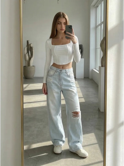 Унисекс джинсы Wide Leg с рваными элементами, светло-голубые