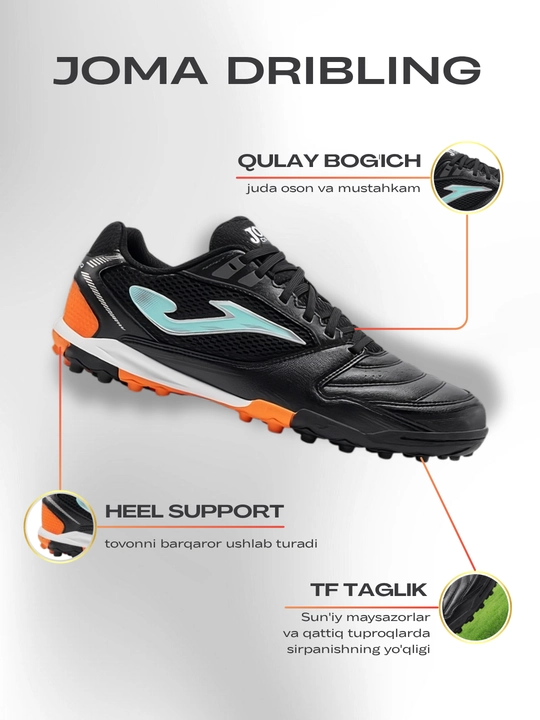 Joma Dribling 26 TF erkaklar futbol butsasi, sun’iy gazon uchun, qora