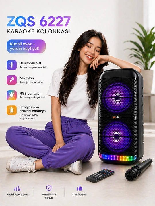 Portativ Bluetooth karaoke kolonka (RGB yoritgichli, hammasi modeliga qarab ozgaradi