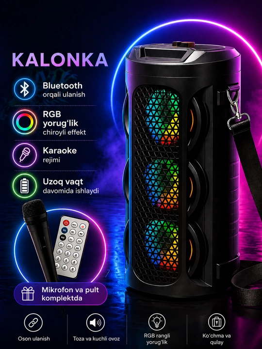 Portativ Bluetooth karaoke kolonka (RGB yoritgichli, hammasi modeliga qarab ozgaradi - 