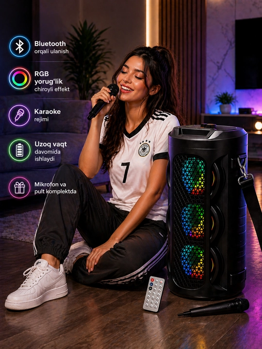Portativ Bluetooth karaoke kolonka (RGB yoritgichli, hammasi modeliga qarab ozgaradi