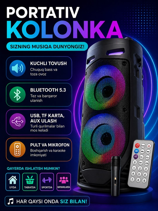 Portativ Bluetooth karaoke kolonka (RGB yoritgichli, hammasi modeliga qarab ozgaradi - 