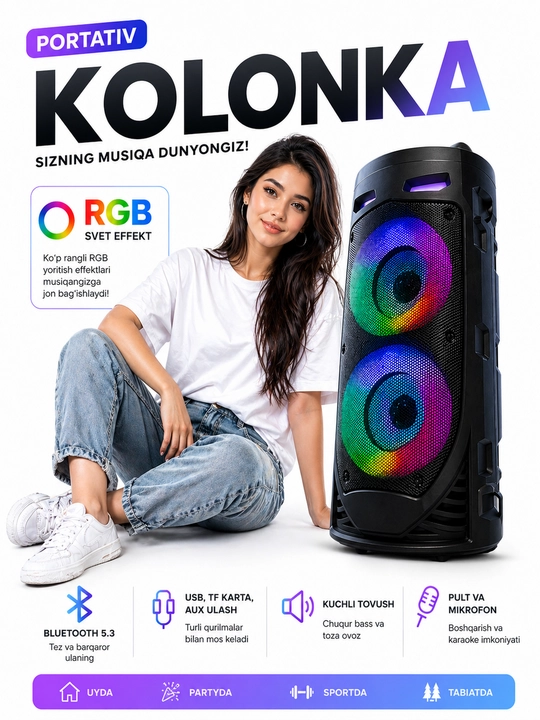 Portativ Bluetooth karaoke kolonka (RGB yoritgichli, hammasi modeliga qarab ozgaradi
