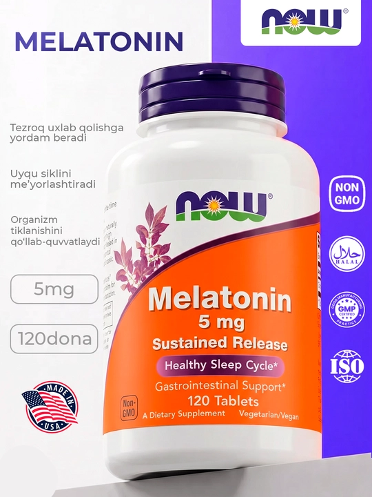 Мелатонин NOW Supplements, цикл здорового сна, 3/5 мг, 120/180 капсул, Халяль - 