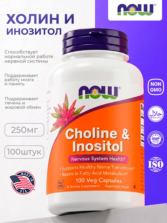 NOW Foods, Xolin va Inositol, 100 kapsula, Halol