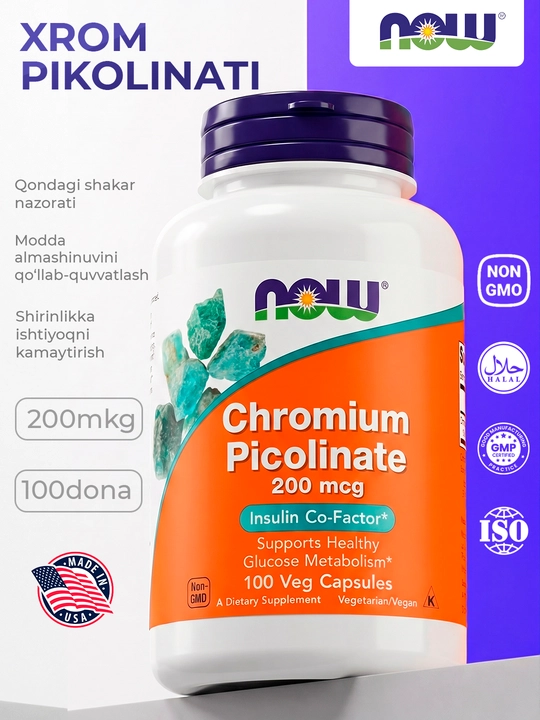 Now Foods Xrom Pikolinat 200 mkg 100 kapsula - ishtaha va vazn nazorati, Halol - 