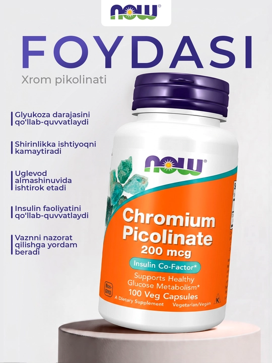 Now Foods Xrom Pikolinat 200 mkg 100 kapsula - ishtaha va vazn nazorati, Halol