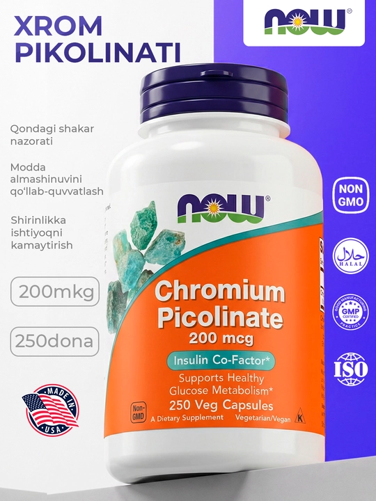 Now Foods Xrom Pikolinat 200 mkg 100 kapsula - ishtaha va vazn nazorati, Halol